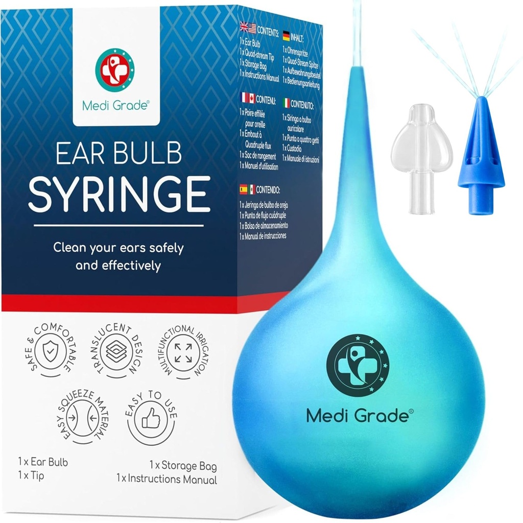 Seringue d'ampoule d'oreille Medi grade - outil efficace de suppression de cire d'oreille avec ad-on Quad-Stream Tip - Kit de nettoyage d'oreilles amical pour le nettoyage d'oreille douce - Flusher d'oreille pour la cire d'oreille - 2,54 fl oz