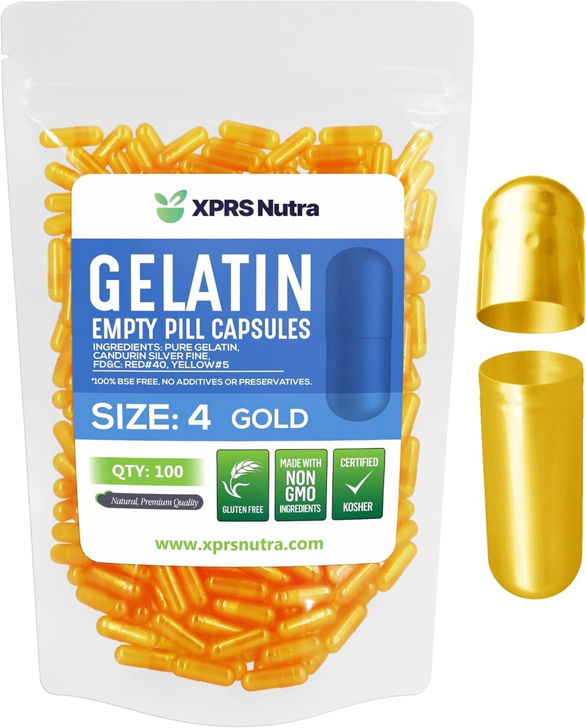 XPRS Nutra Größe 4 Leere Kapseln - 100 Count Small Leere Gelatin Kapseln - Pillen DIY Kapsel Füllung - Fillable Pure Bovine Pill Gel Kapseln für Do-It-Yourself Ergänzungen (Gold)