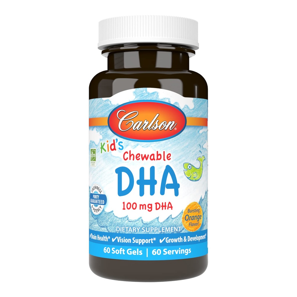 Carlson - DHA masticabile per bambini, 100 mg DHA, funzione di cervello e visione, crescita e sviluppo, arancione, 60 Softgels masticabili