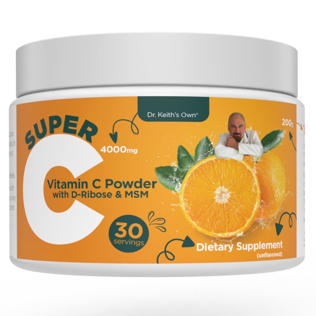 Dr. Keiths eigener Super C-High Dose Pulver Vitamin C 4000mg mit D-Ribose, Glycin, MSM-Highly Absorbierbar, Stomach-Friendly, Collagen Boost, Immununterstützung-Unflavored, 200 Gramm (30 Servierungen)