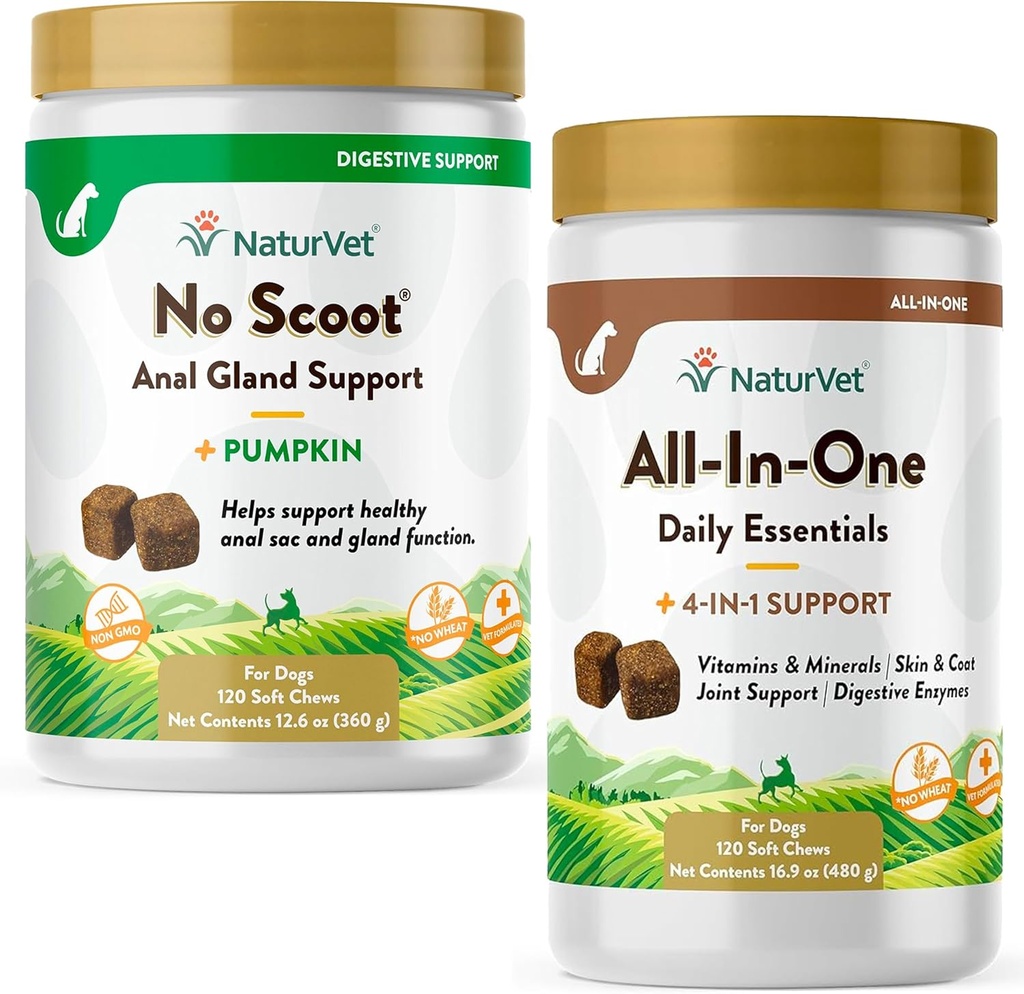 NaturVet All-in-One Hunde-Ergänzung - für Gelenkunterstützung, Verdauung, Haut, Mantelpflege – 120 Soft Chews & No Scoot für Hunde - 120 Soft Chews - Unterstützt gesunde Anal Gland & Bowel Funktion