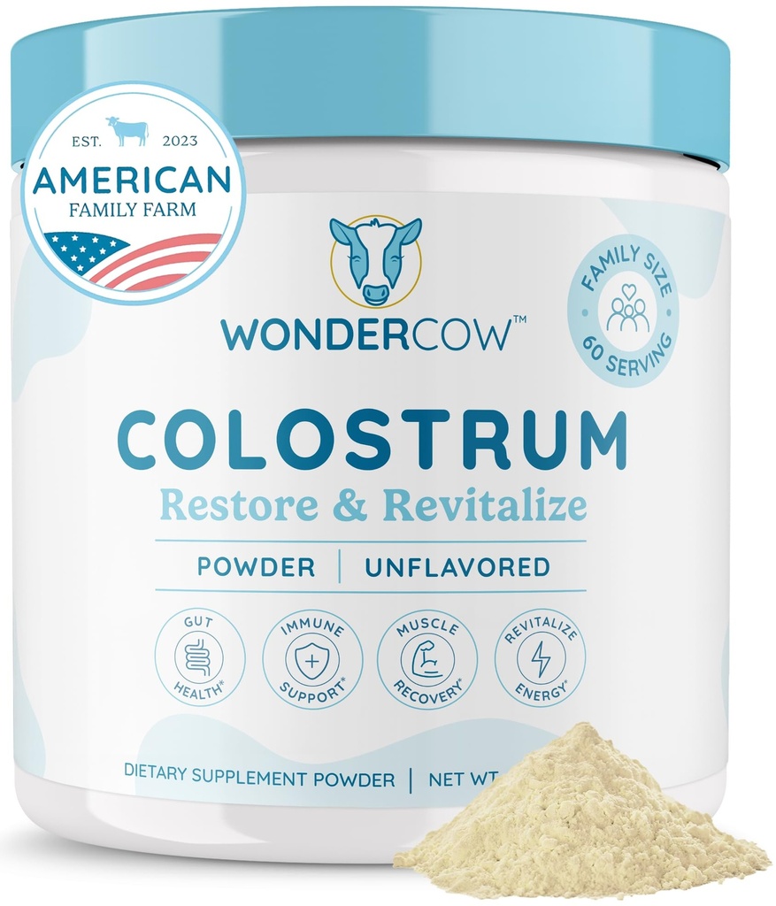 WONDERCOW Colostrum Supplement Powder for Gut Health, Immune Support, Muscle Recovery & Wellness | Natural IgG Pure Whole Bovine Colostrum Superfood, Unflavored, 60 Serve