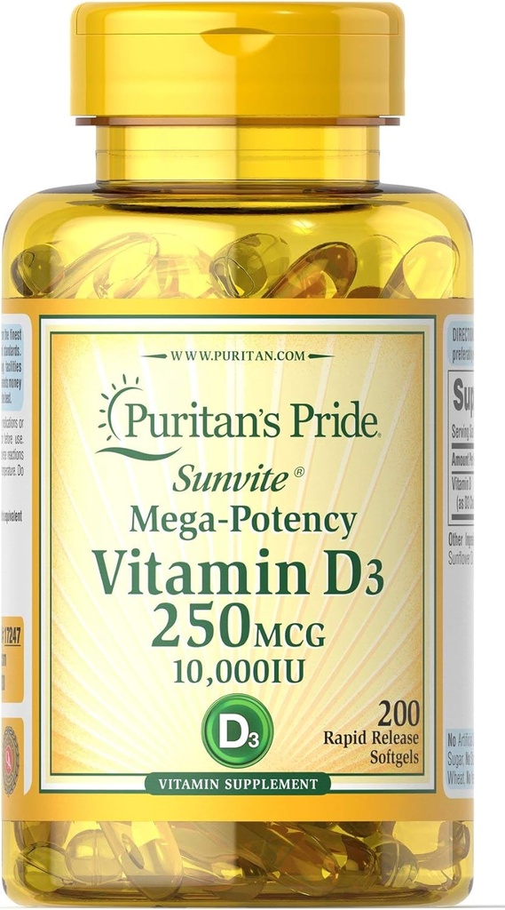 Puritan's Pride Vitamin D3 250 mcg (10.000 IU) Softgels, 200 Graf