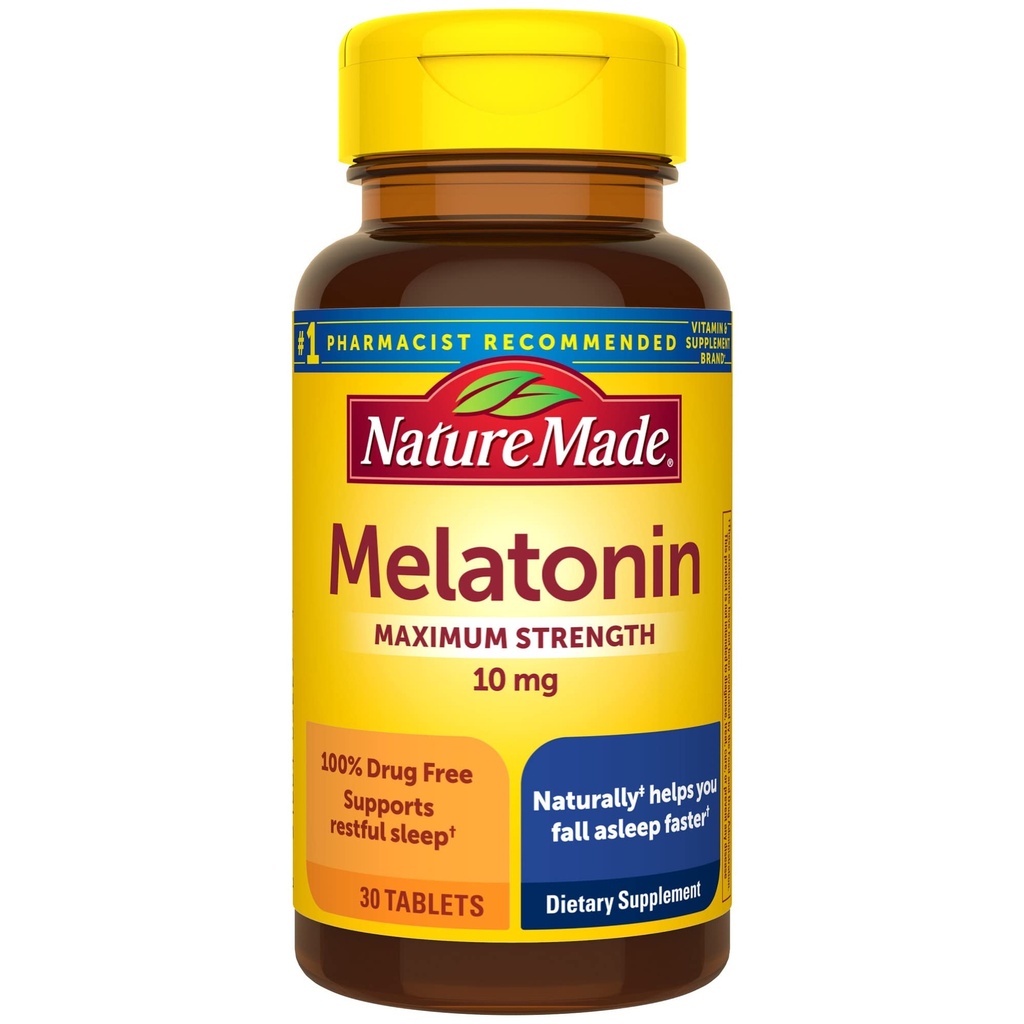 Nature faite Melatonine 10mg Comprimés de force supplémentaire, supplément alimentaire pour le sommeil reposé, 30 comte, 30 jours d'approvisionnement