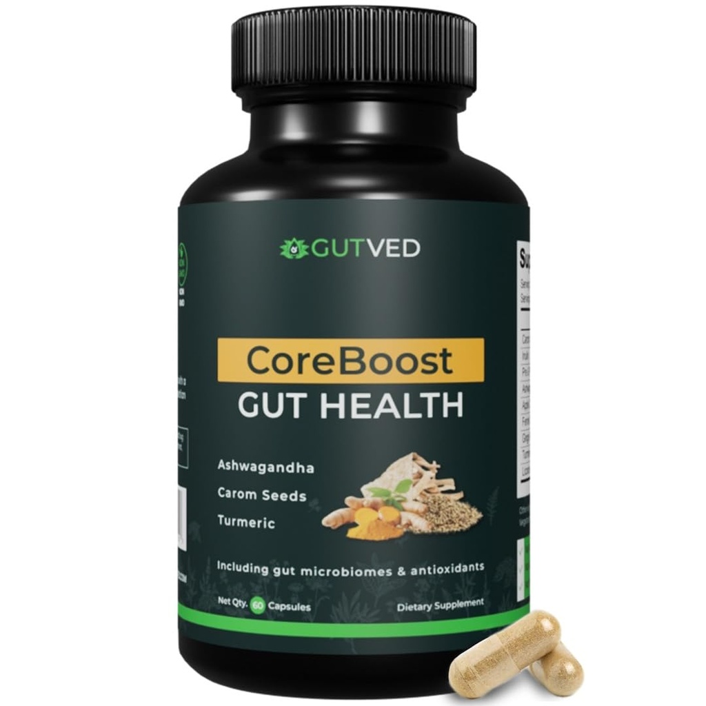 Gut Health Supplement Coreboost mit Ashwagandha, Carom Seeds, Turmeric - Präbiotika und Probiotika für Frauen und Männer - 2 Billion CFU-Best für Verdauungsmedizin, Bloating Relief, Gasreduktion