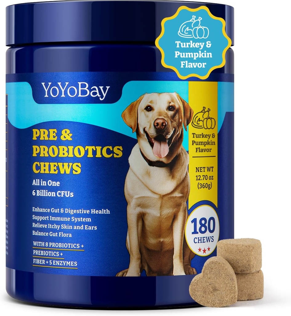 Probiotiques pour chiens - 6 milliards d'UFC, probiotiques pour chiens avec prébiotiques et enzymes digestives pour la santé de la peau, de l'Immune et de la peau - Arôme de la dinde et de la citrouille, 180 chews doux