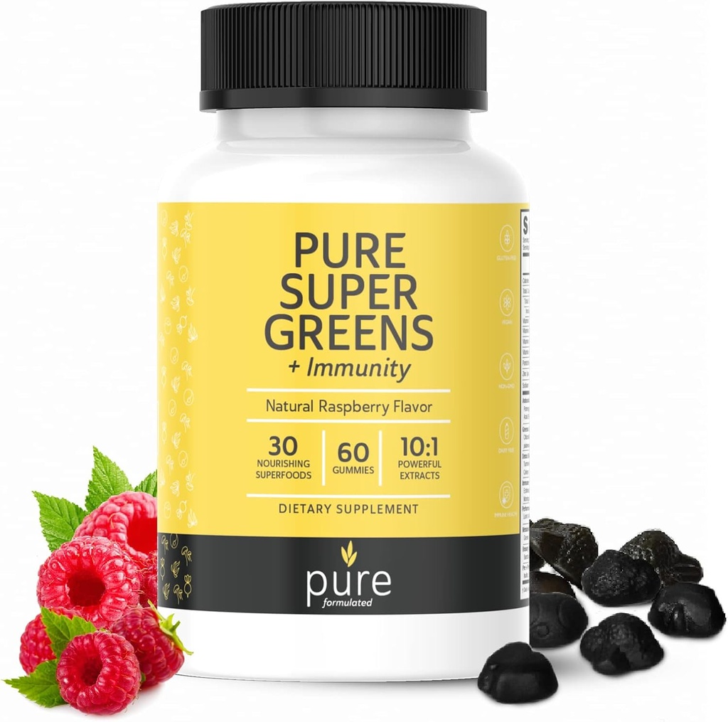 Super Greens Multivitamin Gummies per adulti e bambini supporto immunitario Gummies - 30 Superfoods Vegan Supplementi - Natural Raspberry Flavor (60 Conte)