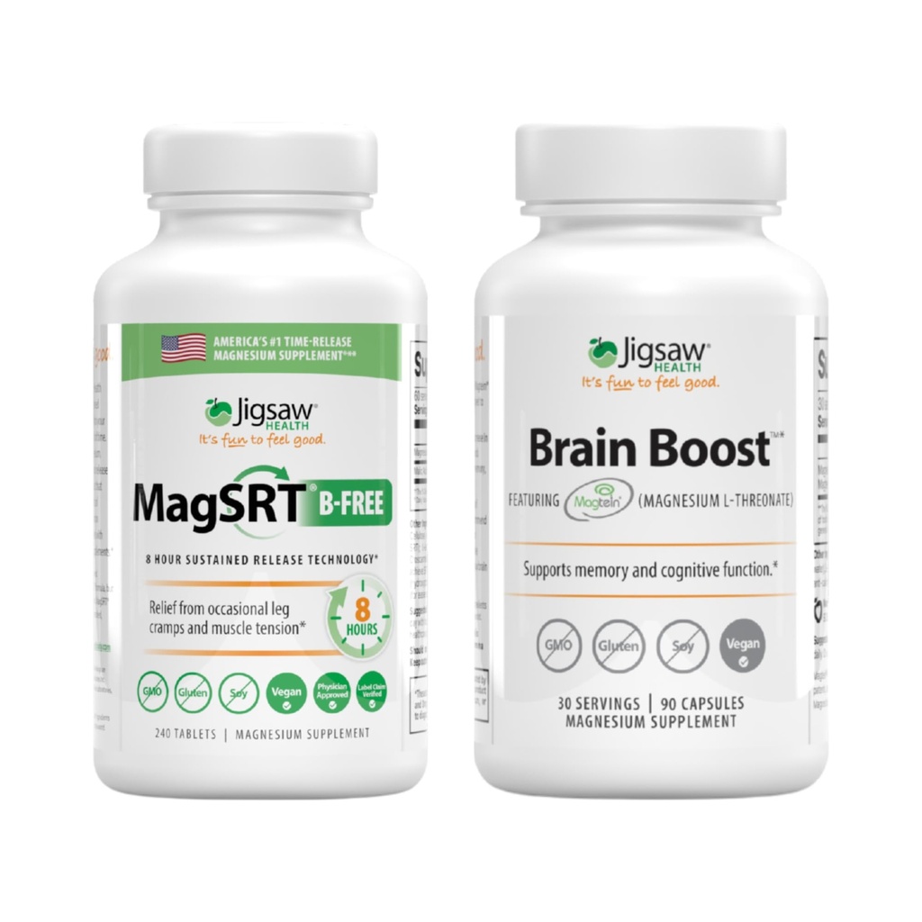Jigsaw Health Magnesium Bundle | MagSRT (B-Free), 240 compresse, e Brain Boost, 90 capsule