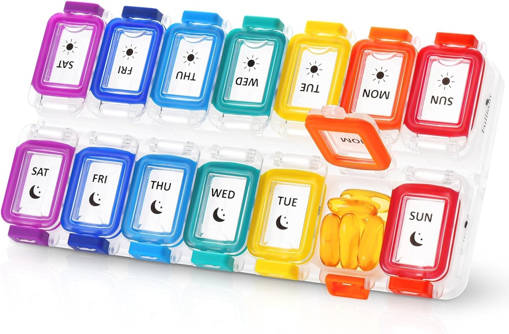 Fullicon Moisture Proof Pill Organizer 2 volte al giorno, Large Pill Box 7 giorno, Spill Proof Pill Case, Travel Pill Container, Medicine Pill Organizer with Secure Lids, Daily Pill Organizer (Rainbow Clear)