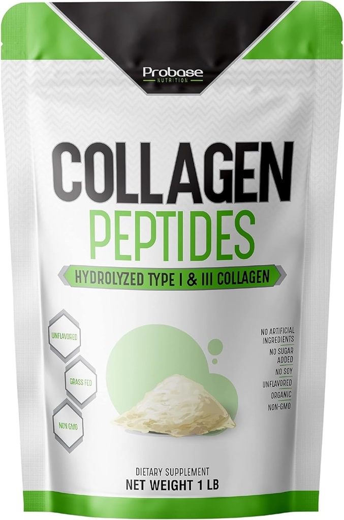 Probase Nutrition Collagen Peptides Powder (Tipo I, III) per pelle Hair Nail Joint, Idrolizzato per una migliore assorbimento del collagene, Non OGM Verified, Keto Friendly e Gluten Free, Bianco, 16 Oz