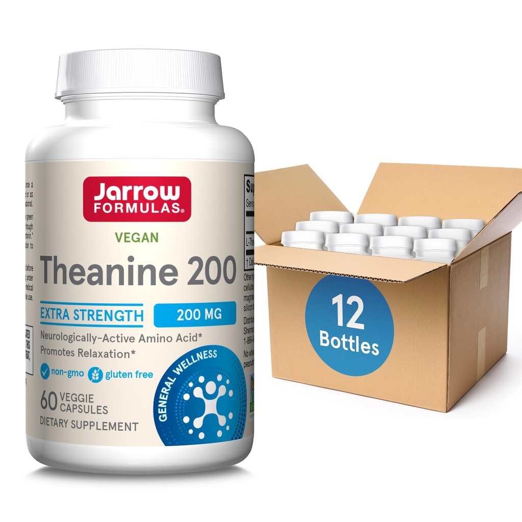 Jarrow Formulas Extra Strength Theanine 200 mg, integratore alimentare che promuove il rilassamento, supplemento di aminoacidi per il supporto di rilassamento, 60 capsule di verdure, alimentazione di 60 giorni, pacchetto di 12