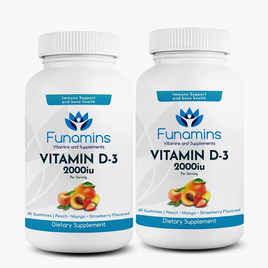 Vitamina D3 Gummies, 2-Pack, 60 Conte Ogni, 2000iu per Serving, Supporta il sistema immunitario e la salute dei ossa; per bambini e adulti; Peach, Mango, aromi di fragola
