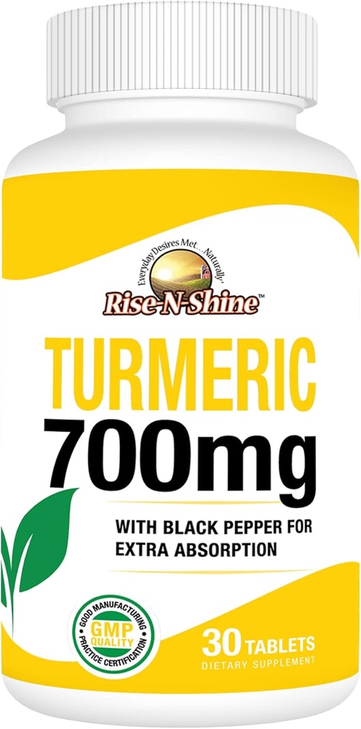 Rise-N-Shine 700 mg Turmeric Curcumin mit schwarzem Pfeffer - Kräuterergänzungen für Haut und Gelenkunterstützung - 30-tägige Versorgung