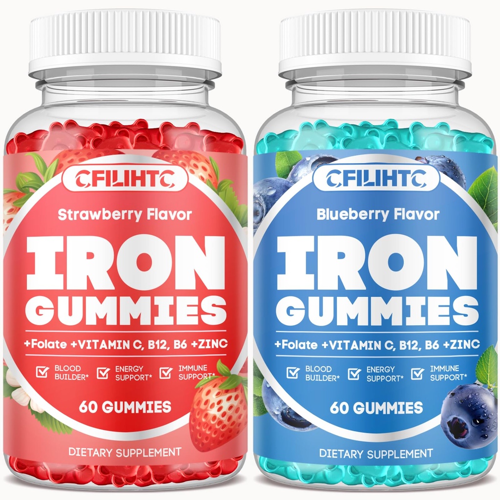 2 Pack Eisen Gummi für Erwachsene &amp; Kinder Eisen Supplement Erdbeere Blaubeeren Flavor