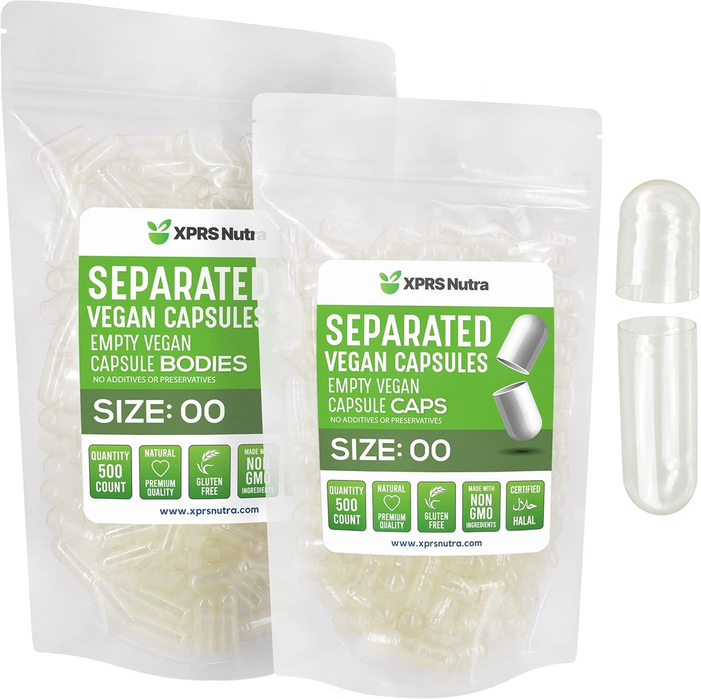 XPRS Nutra Vegan Größe 00 Getrennte Kapseln - 500 Count Premium Leer Kapseln Getrennt in Taschen - 00 Pillen Leer für DIY Ergänzung Füllung