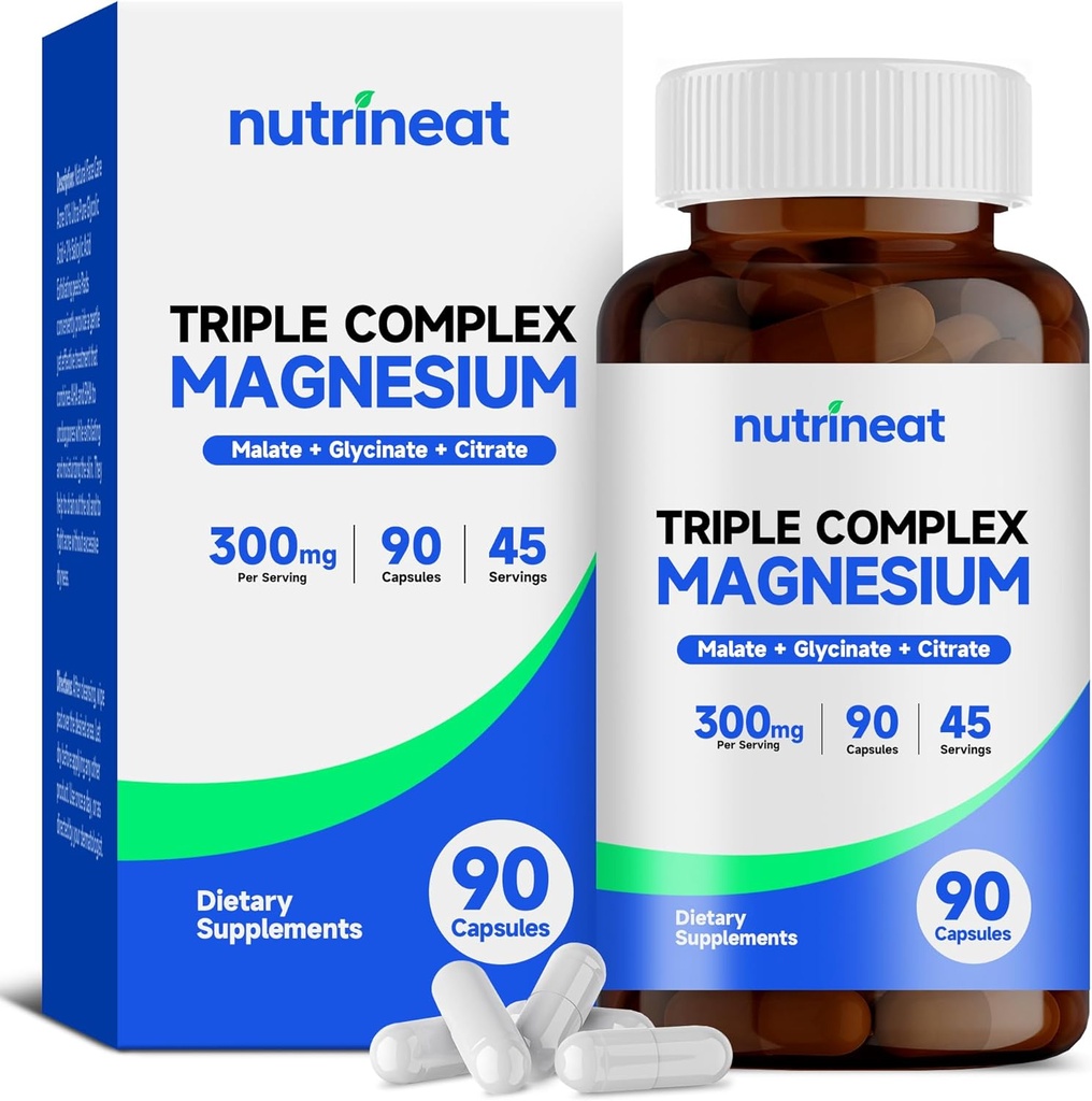 Triple Magnesium Complex (90 Capsule), 300mg di Magnesio Glycinate, Citrato & Malato per Muscoli, Nervi, & Energy, Alta Assorbimento, Vegan, Non OGM