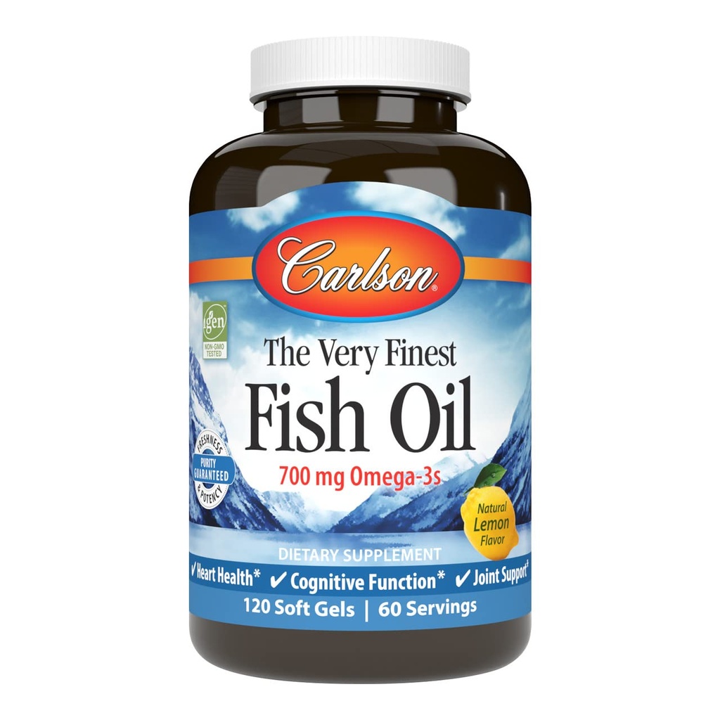 Carlson - Das sehr feinste Fischöl, 700 mg Omega-3s, Norwegische Fischöl-Ergänzung, Wild Caught Omega-3 Fish Oil, Sustainable Sourced Fish Oil Capsules, Omega 3 Supplement, Lemon, 120 Softgels