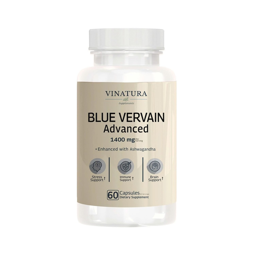 VINATURA Blue Vervain Avancé avec Ashwagandha - 1400mg par portion, Capsules Vervain Bleu, Alternative de Thé Vervain Bleu, Santé du cerveau, Soulagement du stress, Suppléments Ashwagandha - 60 Capsules