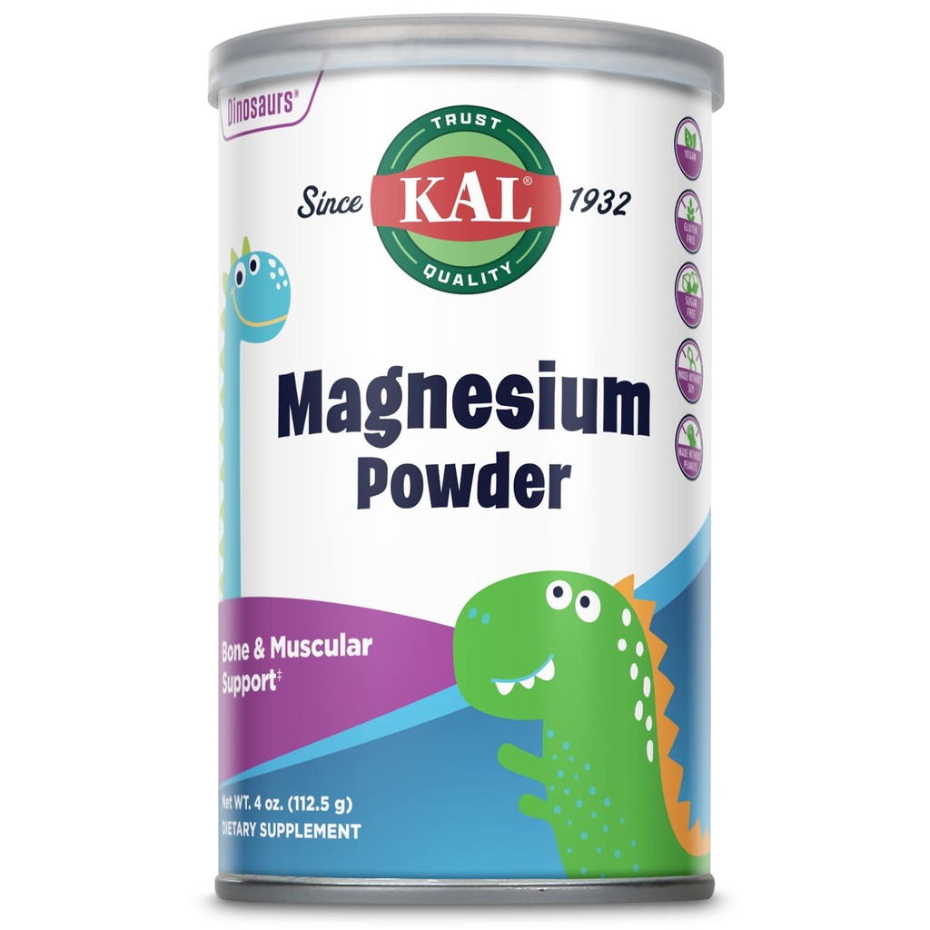 Polvere di magnesio KAL, magnesio per i bambini, polvere di citrato di magnesio puro, sviluppo sano di ossa, supporto della funzione del muscolo e del nervo, Vegan, senza glutine, senza zucchero, 90 porzioni, 4 oz