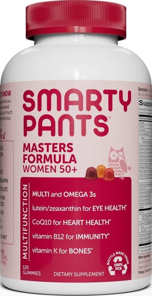 SmartyPants Multivitamine Gummy pour les femmes 50 ans et plus: Oméga 3 Huile de poisson (EPA/DHA), Méthylfolate, CoQ10, Vitamine D3, C, Vitamine B12, B6, A, K & Zinc, Biotine, Sans gluten, 120 Compte (30 jours)