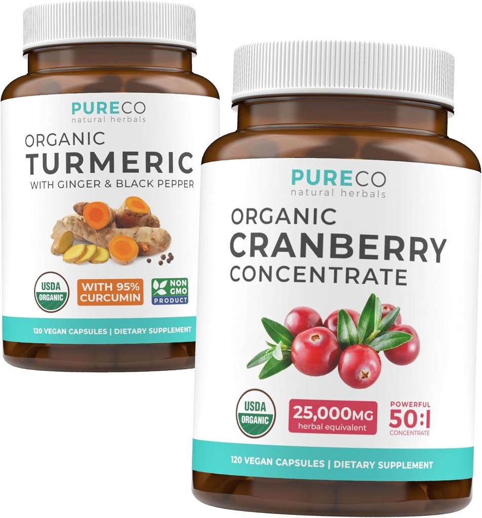 Kurkuma und Cranberry Konzentrat (4-Monats-Versorgung) Cranberry Curcumin Bundle Bio Turmeric Curcumin mit Black Pepper & Ginger (120 Caps) & Organic Cranberry Konzentrat 50:1 Extrakt (120 Caps)