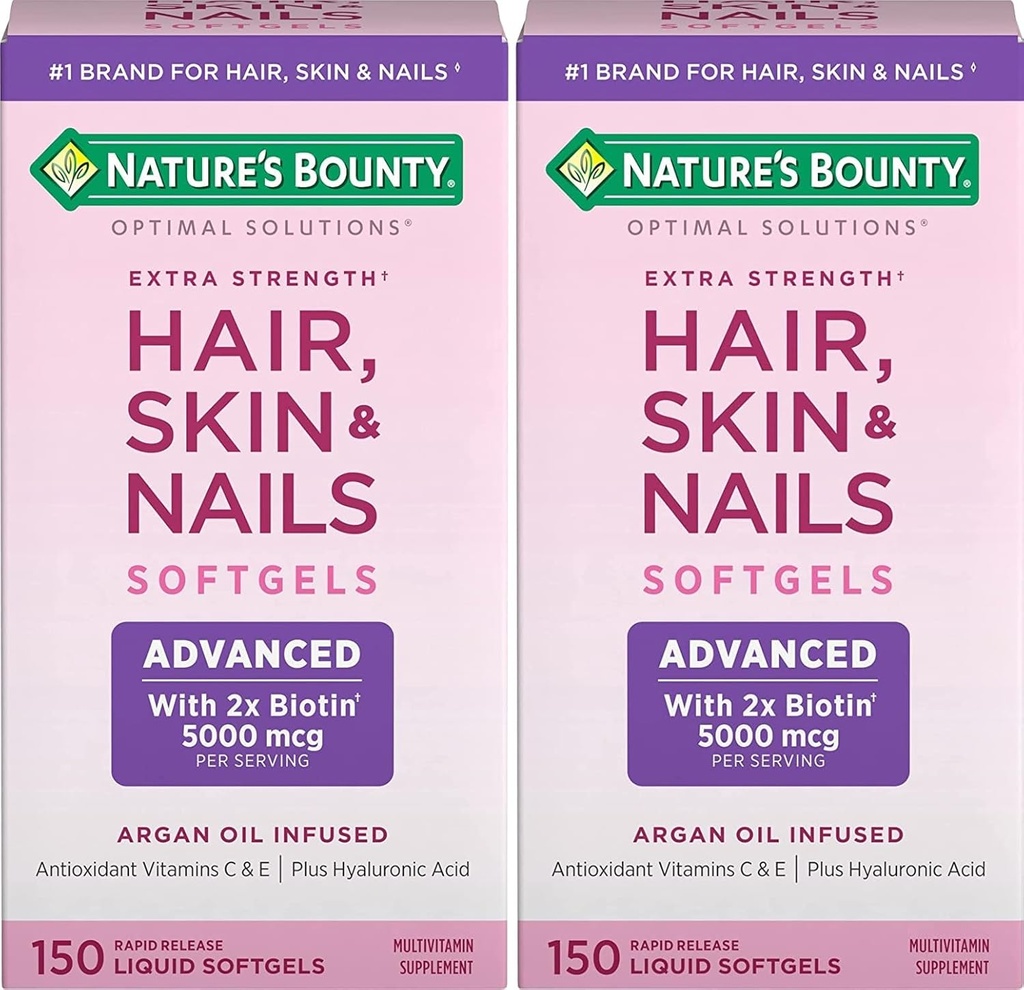 Nature's Bounty Hair, Skin & Nails Rapid Release Softgels, Argan-Infused Vitamin Supplement mit Biotin und Hyaluronsäure, unterstützt Haar, Haut und Nagel Gesundheit für Frauen, 150 Count (Pack von 2)