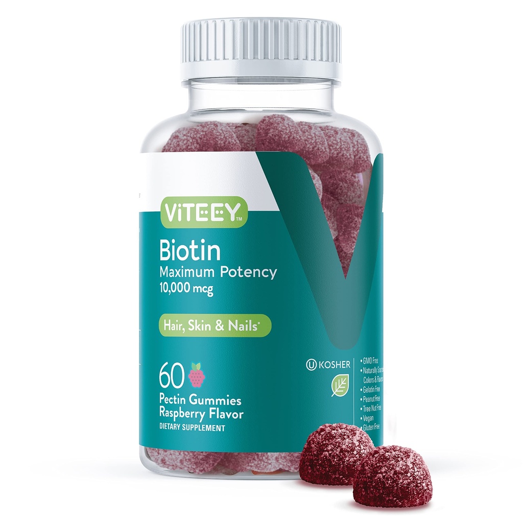 Viteey Biotin Gummis für Haarhaut und Nägel - Biotin für Haarwachstum Gummis - 10.000 mcg - Vegan, Glutenfrei, Non-GMO – 60 Count