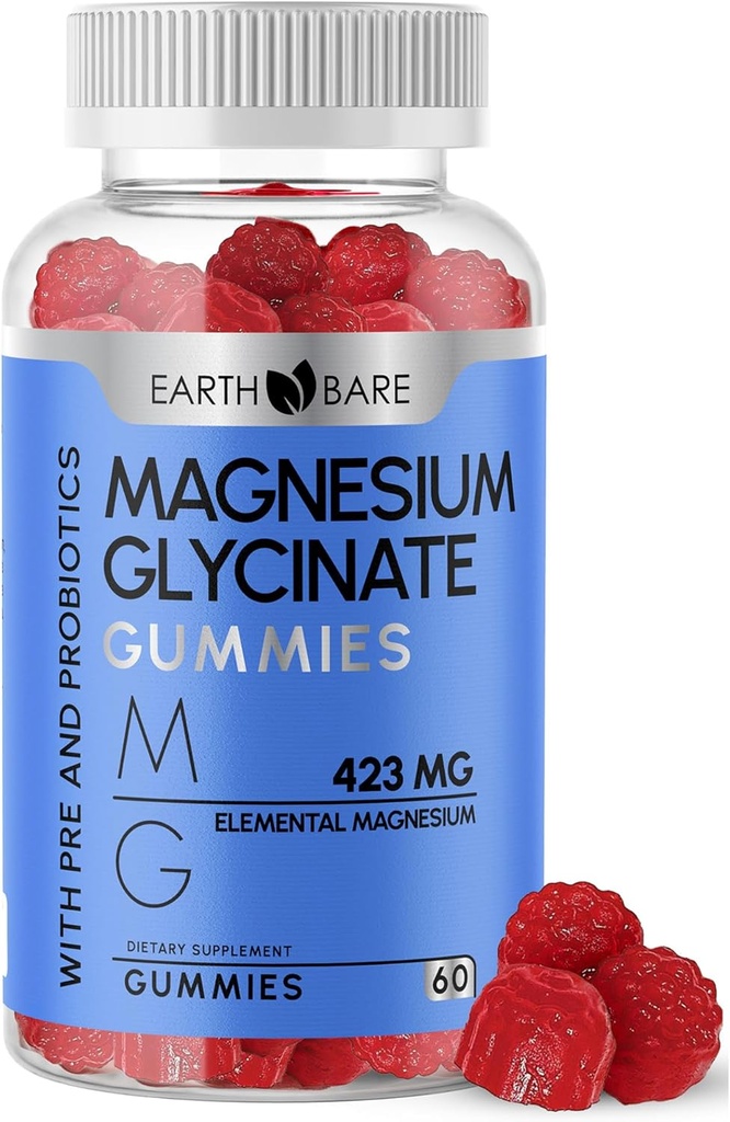 Magnesio Glycinate Gummies - Supplemento di Magnesio ad alta potenza con massimo 423mg di Magnesio Elementale, Pre e Probiotici | Bisglicinato di Magnesio per il supporto sanitario superiore | 60 Conte