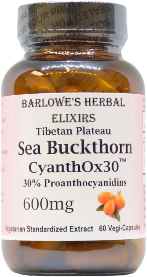 Barlowe's Herbal Elixirs Sea Buckthorn Extract | CyanthOX 30TM | 600mg per Capsule | Skin, Immune, & Digestive Support | 60 Vegan Capsule | Glass in bottiglia