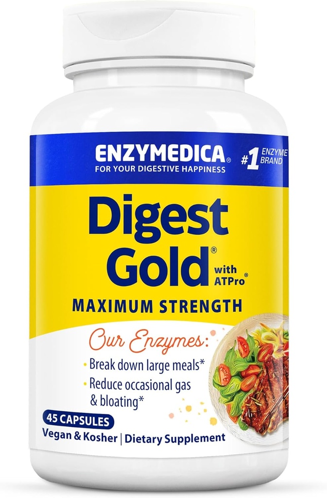 Enzymedica Digest Gold + ATPro, Maximum Strength Enzyme Formula, verhindert Bloating und Gas, 14 Schlüsselenzyme einschließlich Amylase, Protease, Lipase und Lactase, 45 Kapseln (FFP)