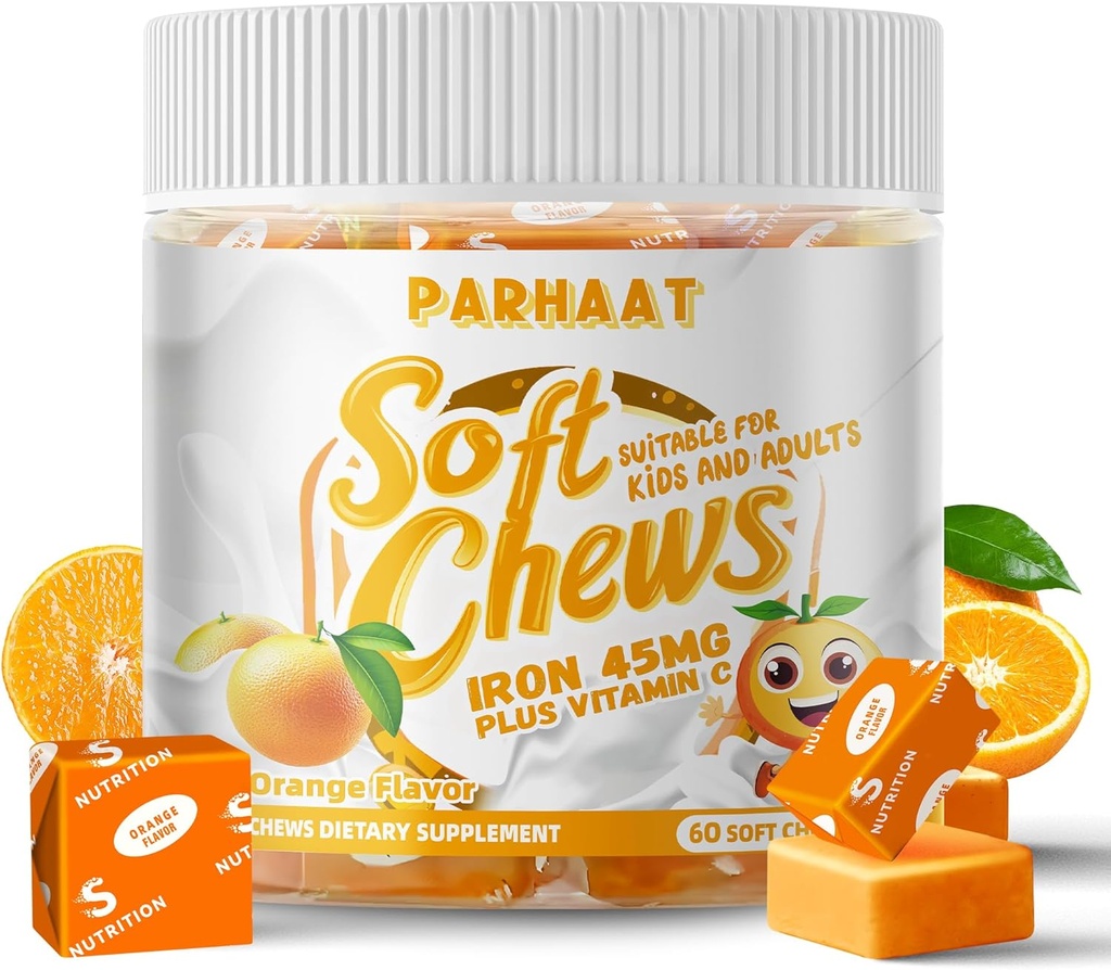 Supplément en fer doux à mâcher avec vitamine C. Orange Aromatisé.