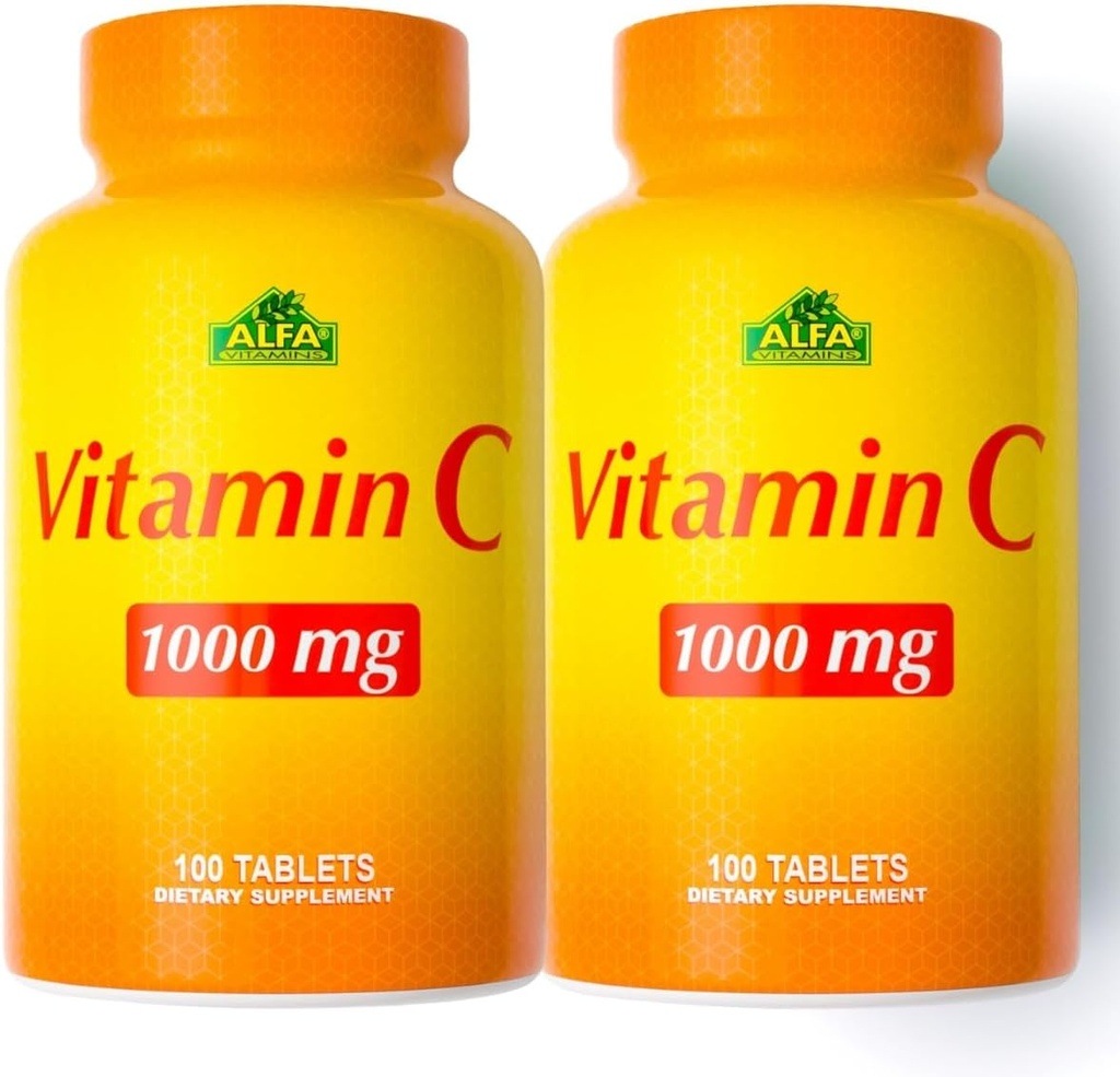 ALFA VITAMINS Vitamin C Supplement 1000mg, Leistungsstarkes Antioxidans für Immununterstützung & Gesunde Haut, fördert Kollagenbildung, Nahrungsergänzung für tägliche Wellness, 100 Tabletten, 2 Flaschenpackung