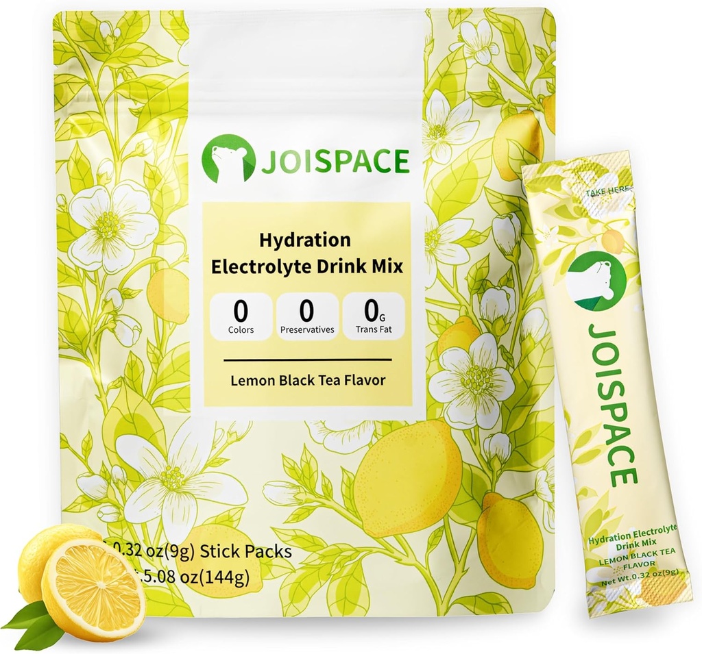 JOISPACE Electrolyte Drink Mix con Tea Polyphenols | Fast Hydration & Electrolytes Boost | Non-GMO, Vegan, Gluten-Free | Lemon Tea, 16 Serve