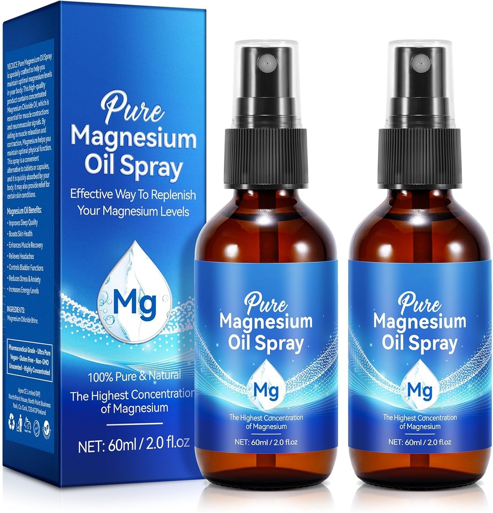 Vaporisateur d'huile de magnésium, huile de magnésium pure pour les pieds, 100% bouteille de verre de magnésium naturel et biologique, facile à absorber et à utiliser, huile de magnésium topique (4 Fl Oz, paquet de 2)