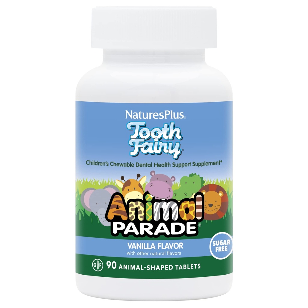 Natures Plus Parade animale Fée des dents Chewables pour enfants - Saveur de vanille naturelle - 90 comprimés en forme d'animal - Supplément santé dentaire - Végétarien, sans gluten - 45 portions