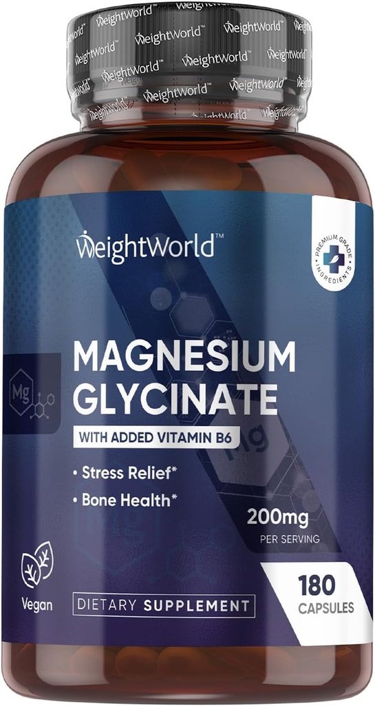 WeightWorld Magnesium Glycinate Kapseln 200mg - 180 Kapseln (3 Monate) mit Vitamin B6 - Bioverfügbare Magnesium Glycinat Ergänzungen - Third-Party Tested, Vegan, Non-GMO, & Allergen-Free