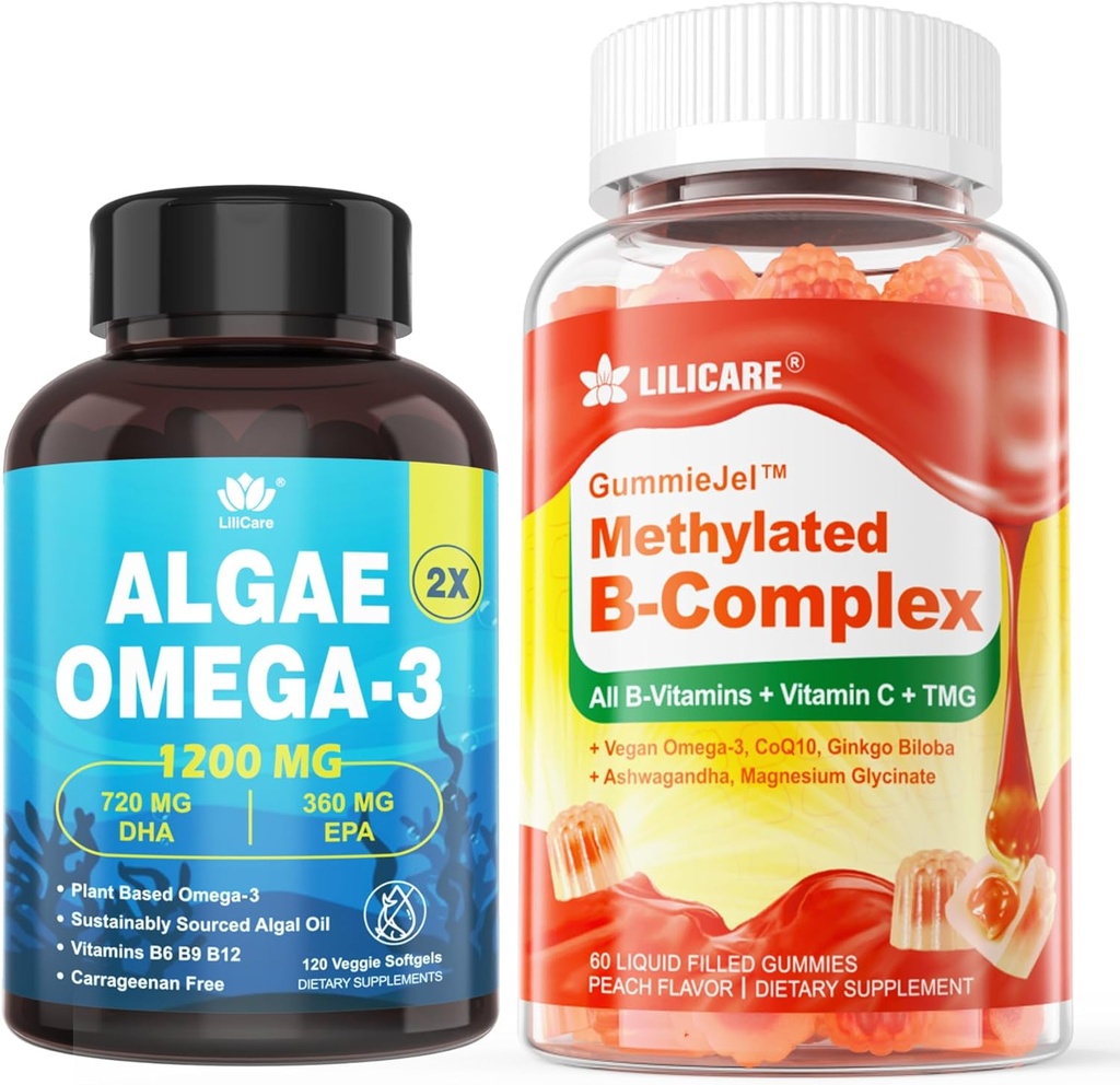 Vitamin B Complex Filled Gummies & Plant-Based Algae Omega 3 1200mg Supplement