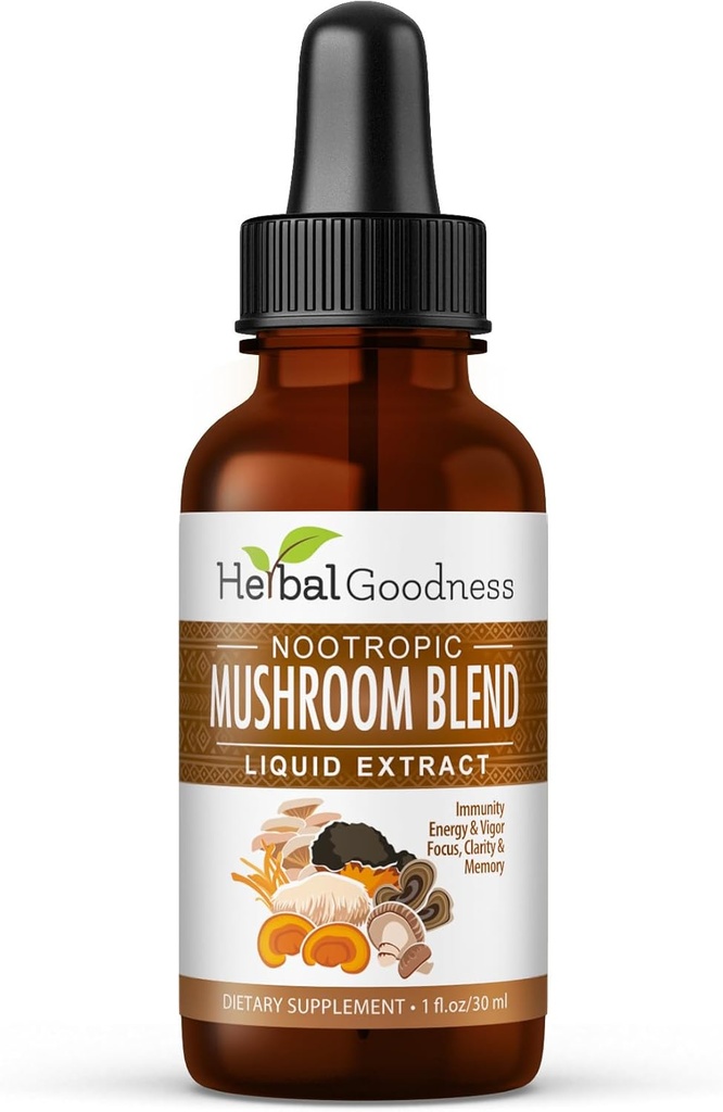Nootropic 8-in-1 Pilzextrakt Flüssigkeit - 1 fl. oz Flasche | Lion's Mane, Reishi, Türkei Tail, Cordyceps, Chaga, Maitake, Shiitake & Oyster Mushroom Tincture | Immununterstützung & kognitive Funktion