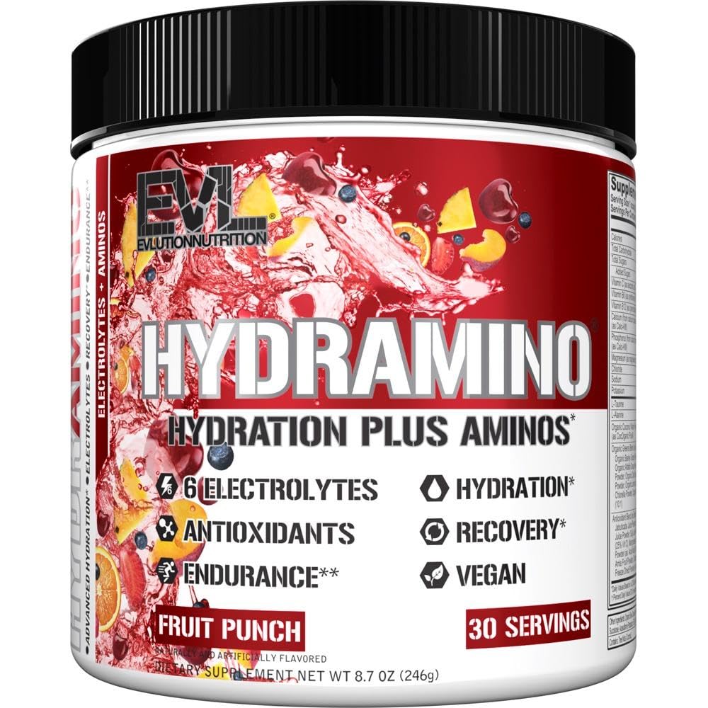 Evlution Nutrition HYDRAMINO Multiplier di idratazione completa, Tutti 6 Elettroliti, Vitamina C & B, Fluid Boosting Aminos, Acqua di cocco, Endurance, Recupero, Antiossidanti, 30 Serve, Punch di frutta