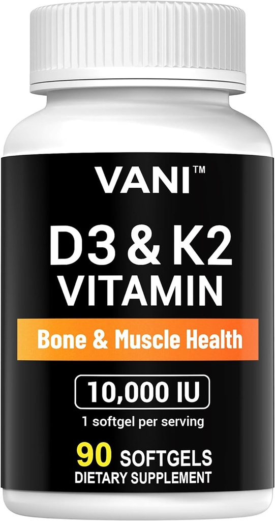 VANI Vitamine D3 (10000iu/250mcg) + K2 (als Mk7), für Knochen & Muskel & Zähne Gesundheit, 90 SOFTGELS