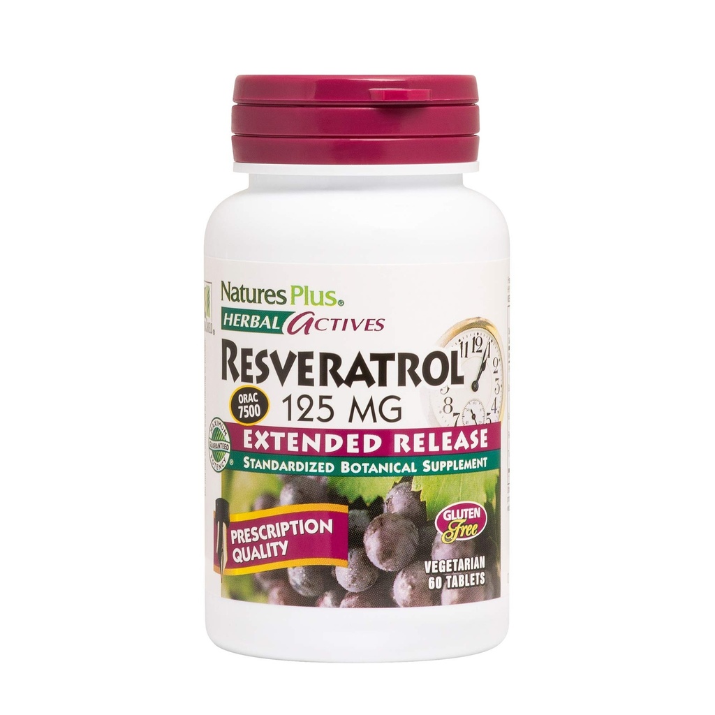 Natures Plus Herbal Actives Resveratrolo, Extended Release - 125 mg, 60 compresse vegetariane - senza glutine - 30 Serve