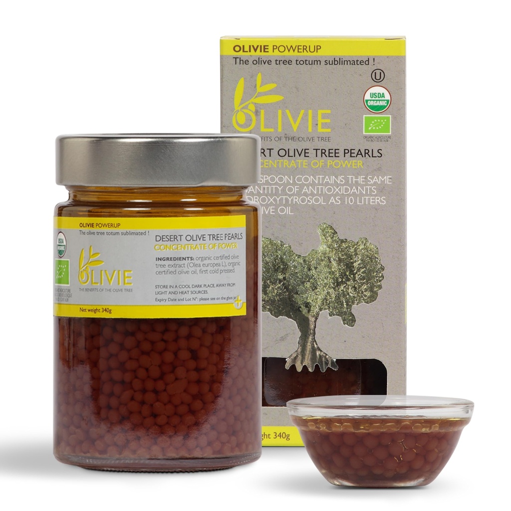 Capsules d'extraits de feuilles d'olive biologiques, Perles PowerUp de OLIVIE, Supplément de polyphénols antioxydants, Scrub d'huile d'olive pour la peau, support immunitaire, 340g