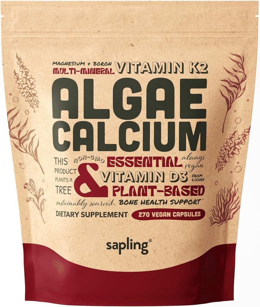 Supplément de calcium - Alimentation entière avec vitamine K2 et D3, Magnésium, zinc, Boron, Complexe minéral. Source durable des algues rouges pour la force osseuse et le soutien. Non OGM et végétalien (270 Nombre)
