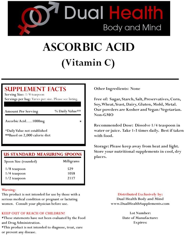 Doppio corpo di salute & mente 1 (1 lb) Borsa di ogni acido ascorbico (Vitamina C) & MSM (metilsulfonmetano) Polvere Combo