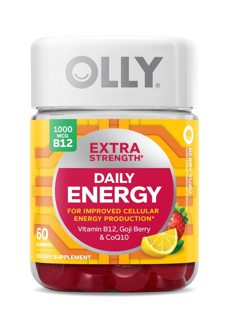 OLLY Extra Forza Gomma di energia quotidiana, Caffeina Free, 1000mcg Vitamina B12, CoQ10, Goji Berry, Adult Chewable Supplement, Berry Yuzu Flavor - 60 Conte