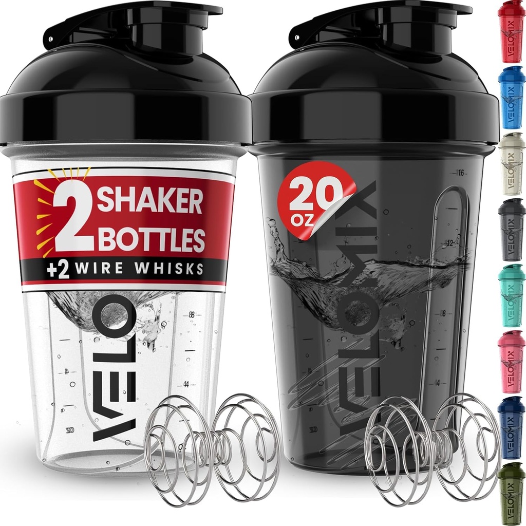 VELOMIX -2 Pack- Bouteilles de shaker protéinique de 20 oz pour les mélanges protéiniques - 2x Whisk filaire