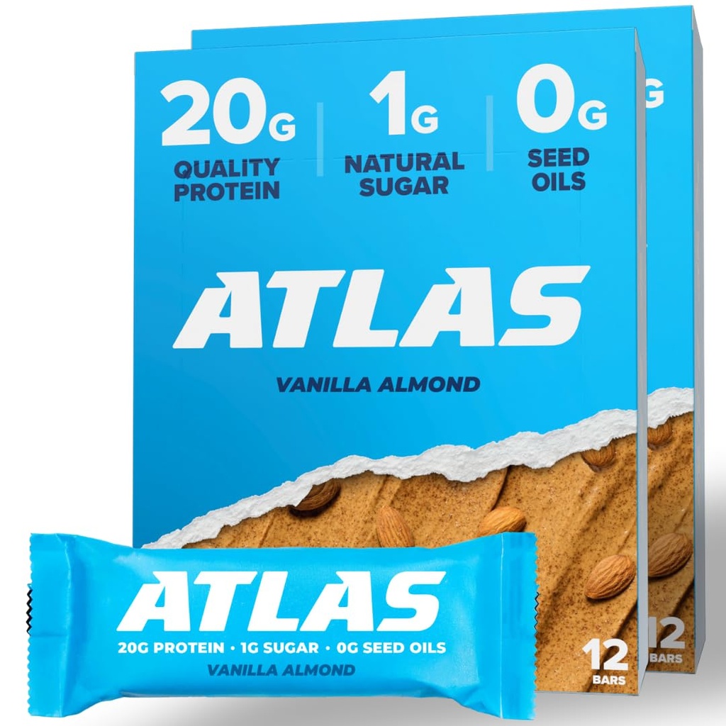 Atlas Protein Bar – 20g Clean Protein, 1g Natural Sugar, No Seed Oils, Glutenfrei, Keine künstlichen Süßungsmittel - Vanilla Almond 24 Count