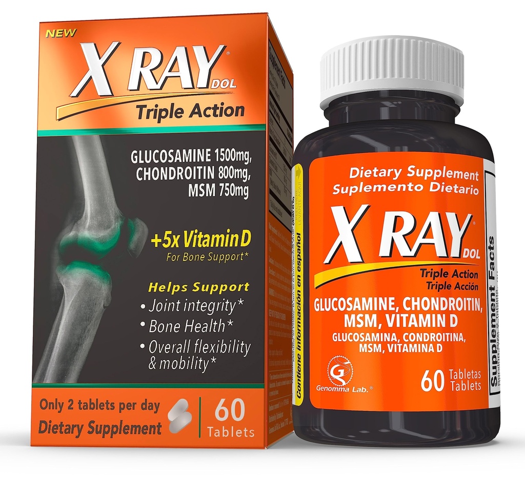 X Ray Dol Triple Action Supplément de soutien conjoint avec Glucosamine 1500mg, Chondroïtine 800mg, MSM 750mg et 5X Vitamine D pour les articulations, les os et le cartilage sains - 60 Compte par bouteille - 1 Pack