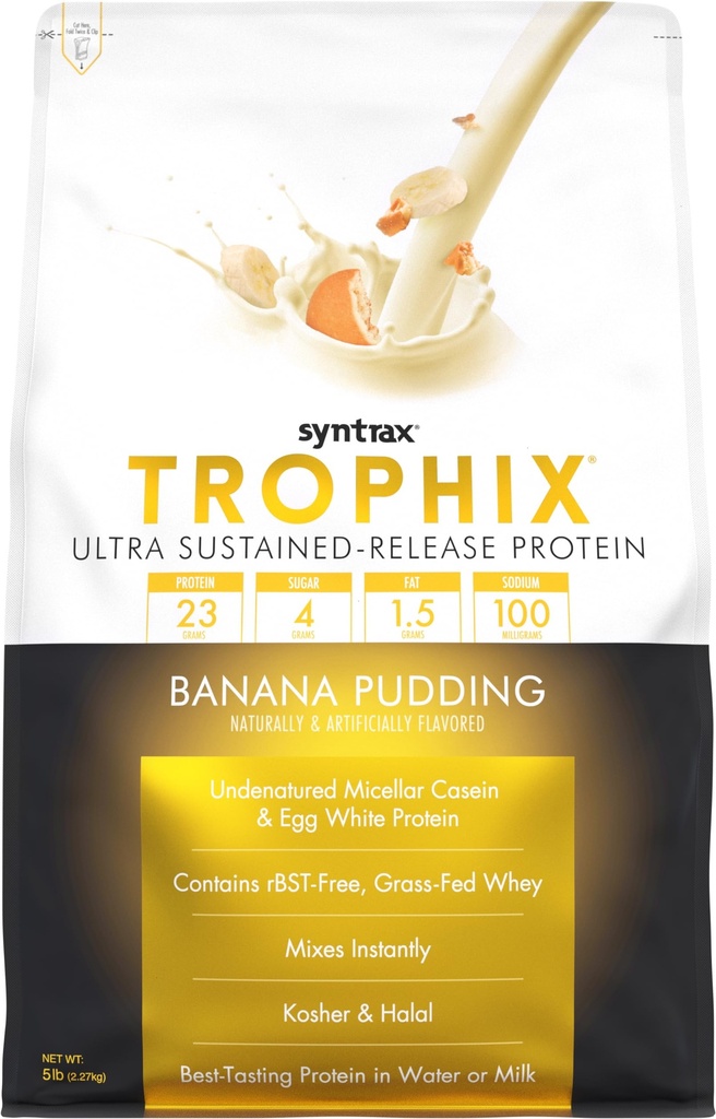 Syntrax Nutrition Trophix, Mélange de poudre de protéines à libération prolongée, Banana Pudding, 5 lbs.