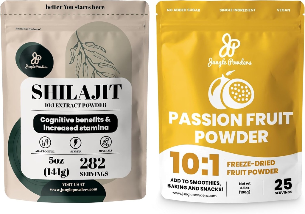 Dschungelpulver Premium Duo: 5oz Roh Shilajit & 3.5oz Passionsfruchtpulver - Men's Energy Support, Immune Boost, mit Gefriertrocknetes Passionsfruchtpulver zum Backen, Glatteien, Additive-Free Extract
